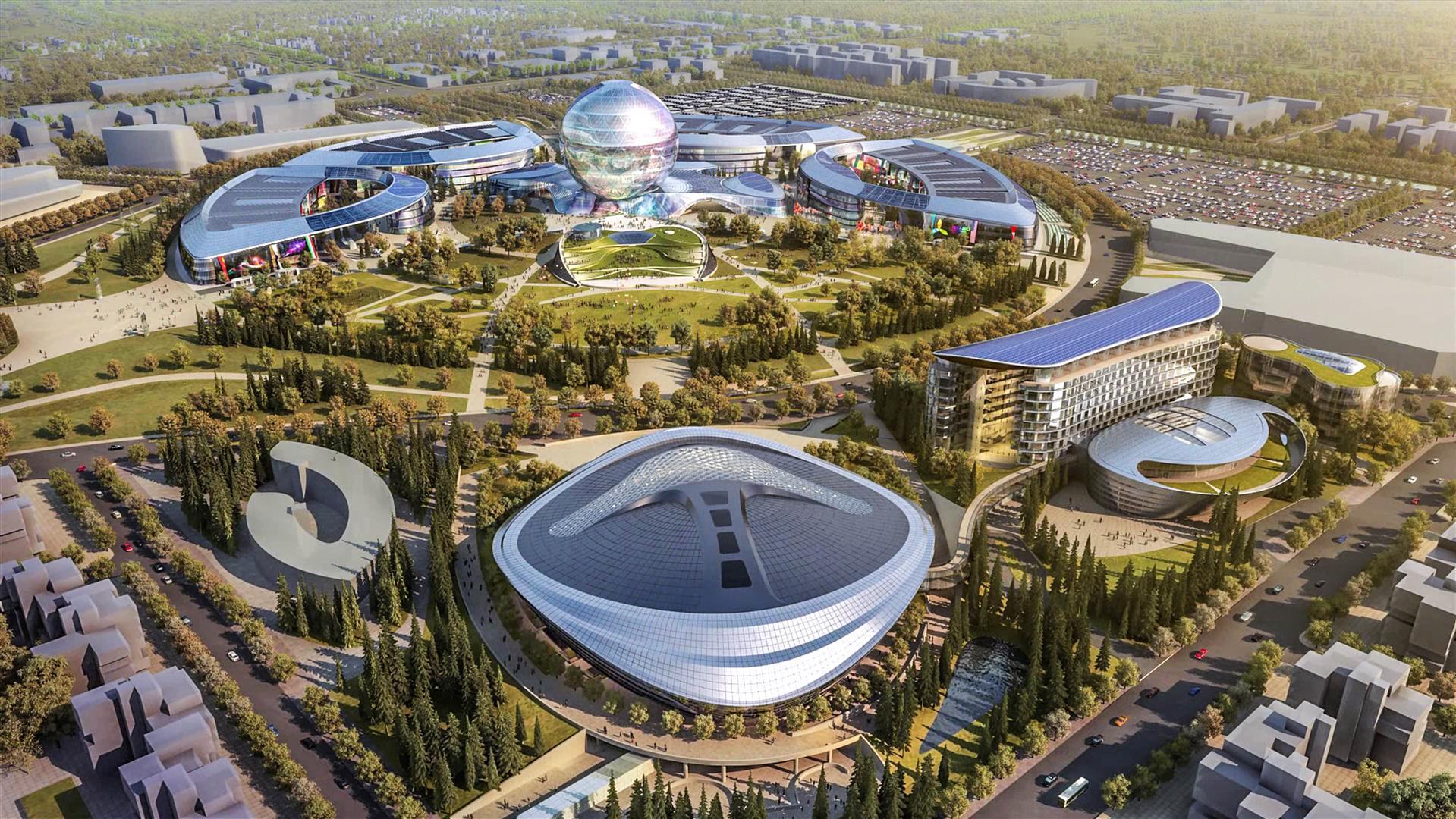 Futuristic Expo buildings among park land in Astana