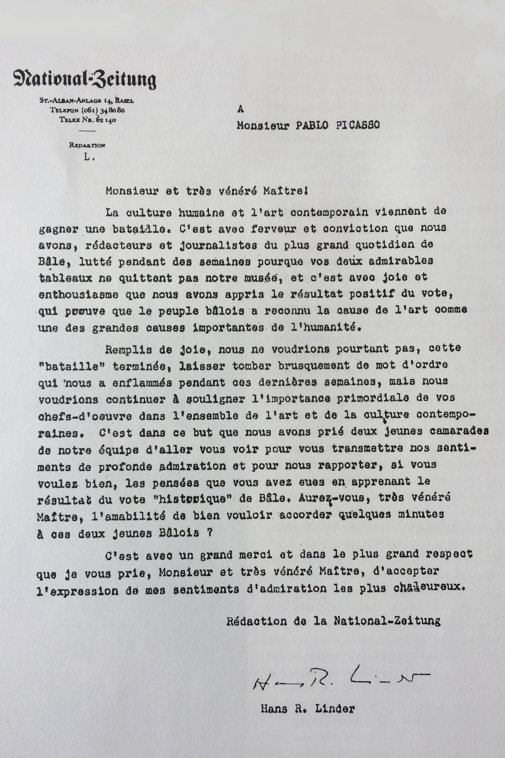 A carta de apresentação, que abriu as portas da casa de Picasso para o fotógrafo Kurt Wyss em 1967.