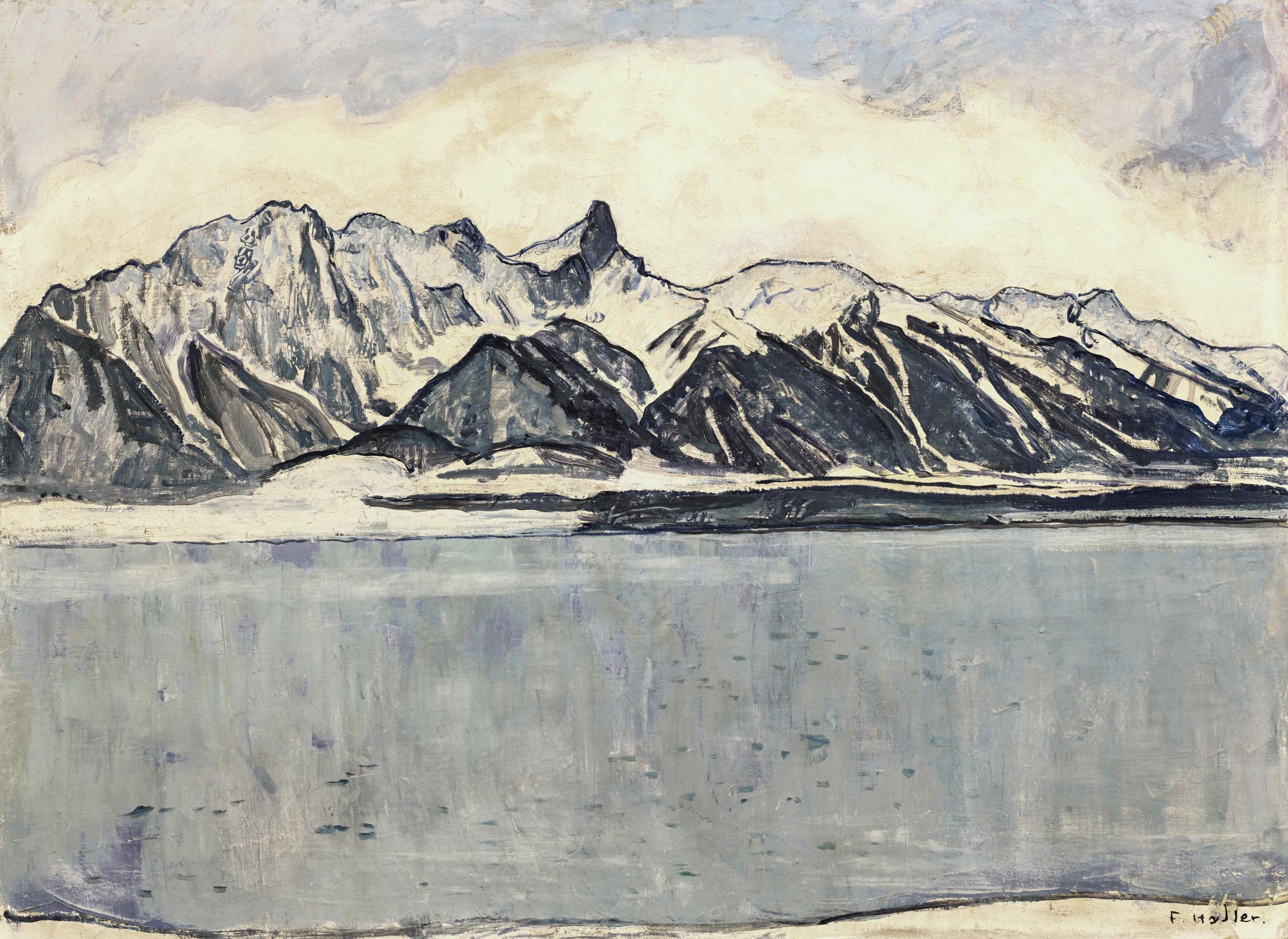 Hodler painting depicting a lake and mountains