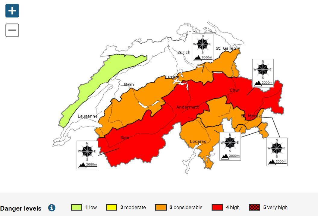خريطة سويسرا وتظهر عليها مستويات خطر الإنهيارات الثلجية