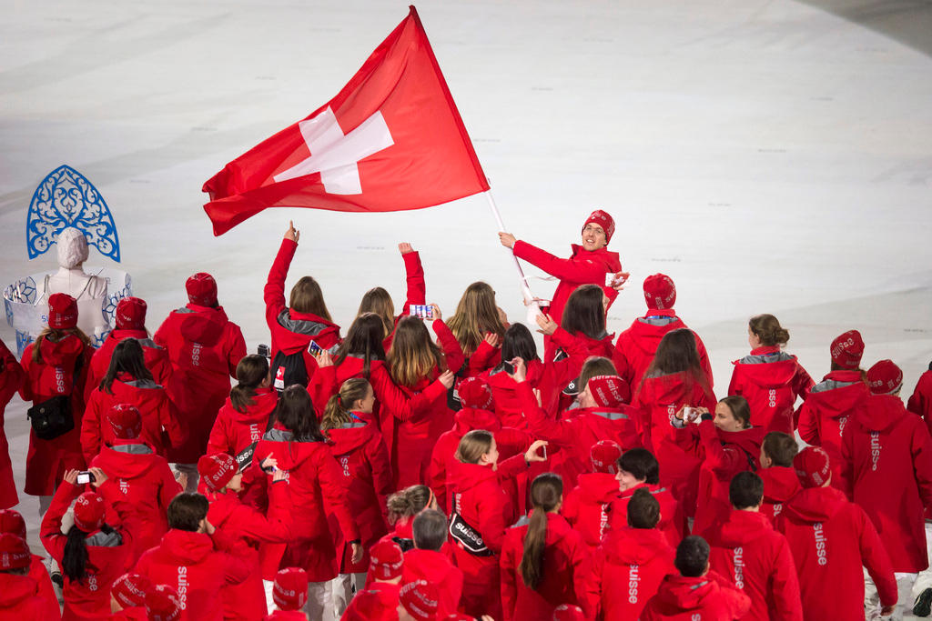 A rectangular Swiss flag at the 2014 Winter Olympics