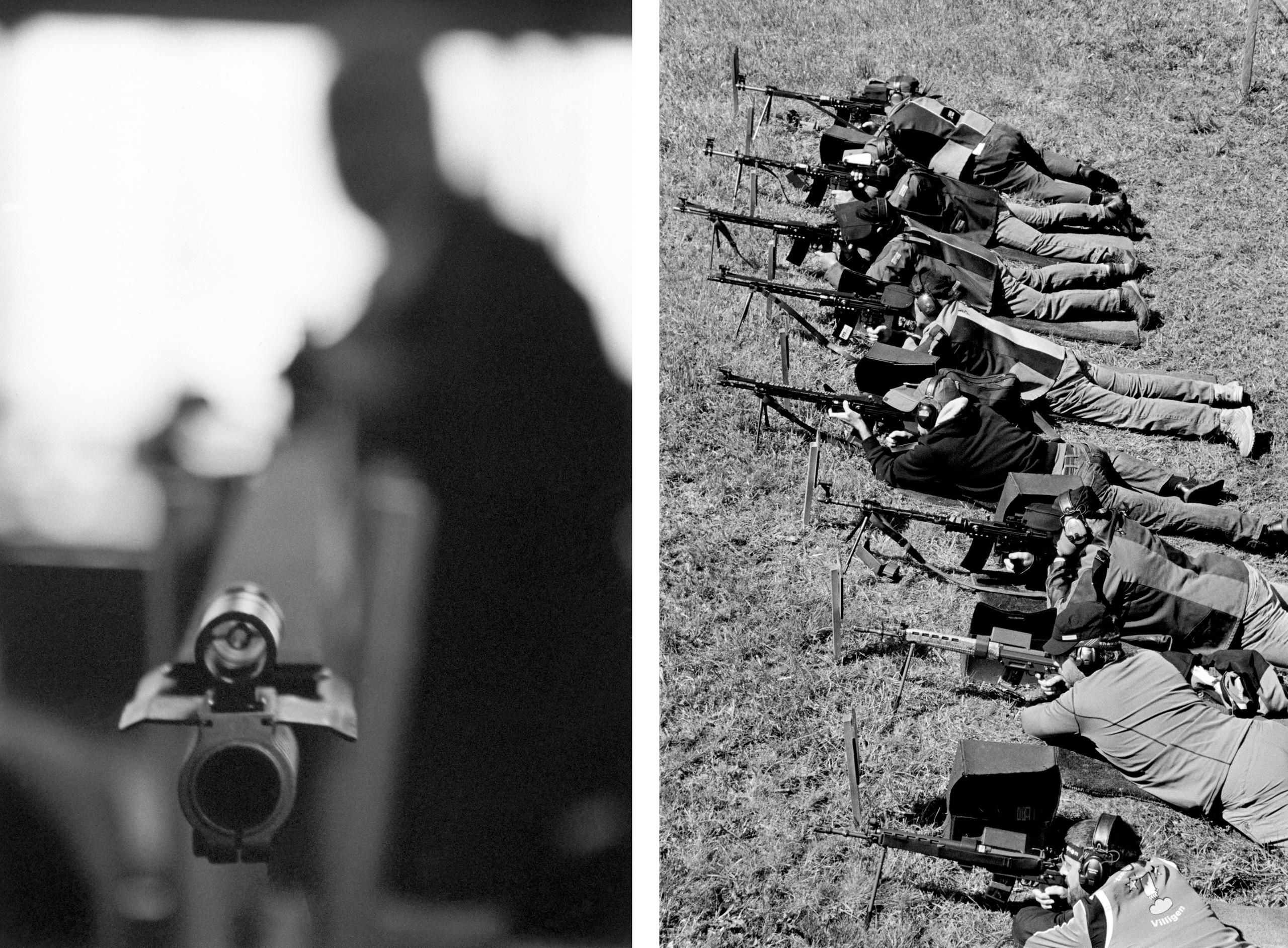 Zwei Fotos: Gewehrmündung und Männer liegend an Gewehren