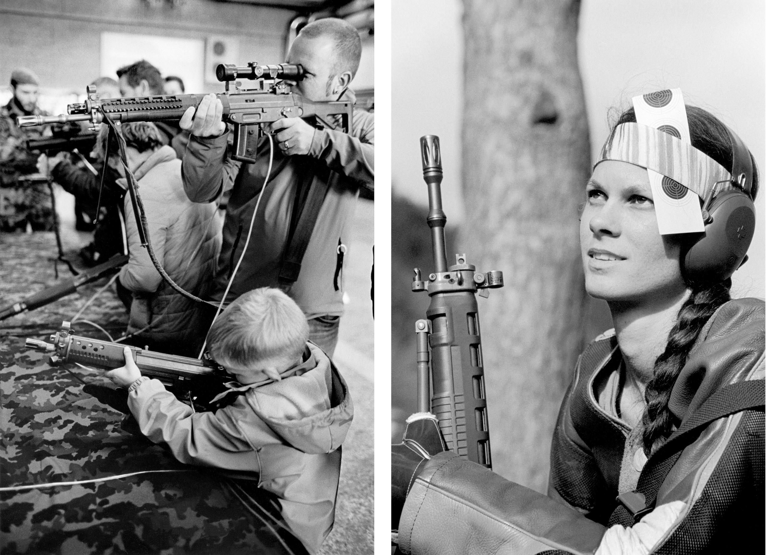Zwei Fotos: Vater und Sohn mit Gewehren; junge Schützin