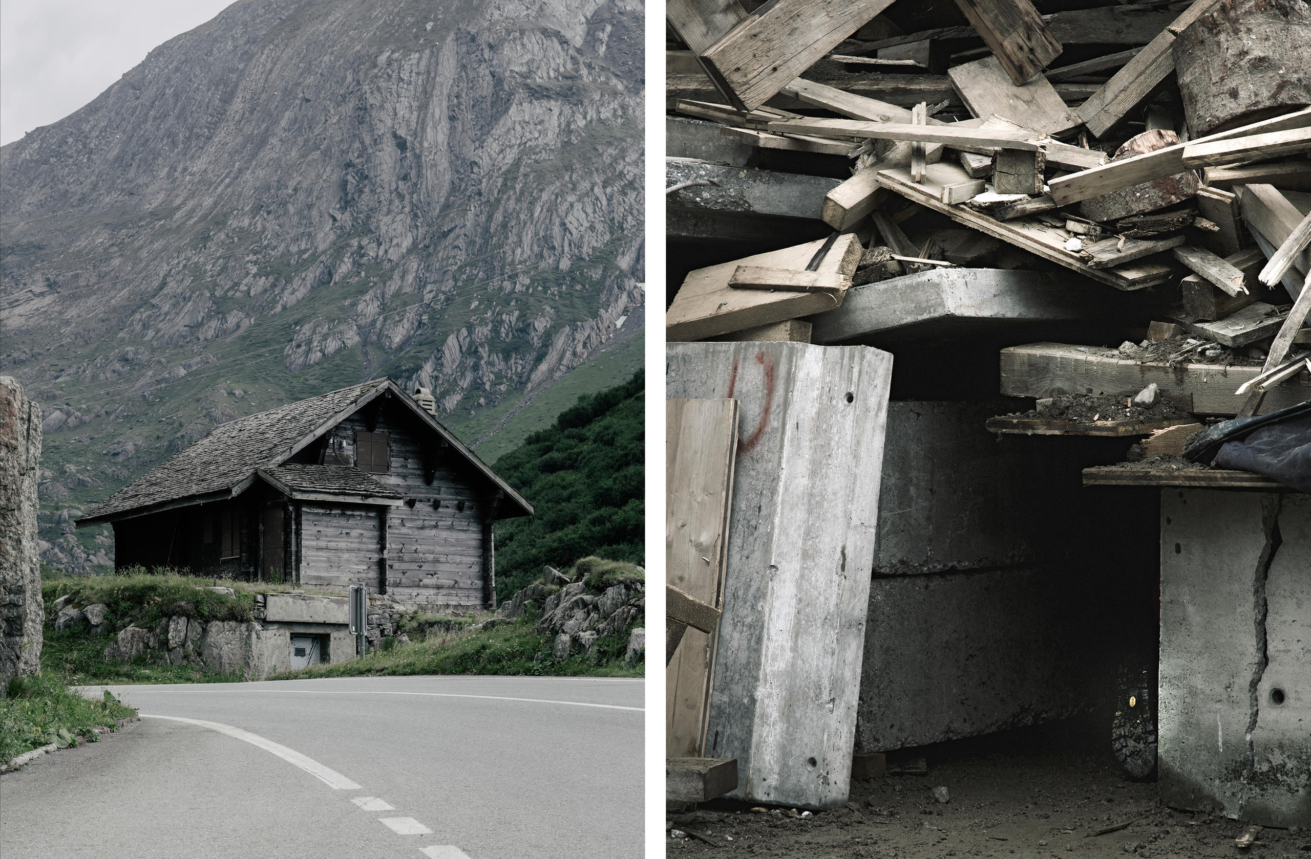 木造の小屋と瓦礫
