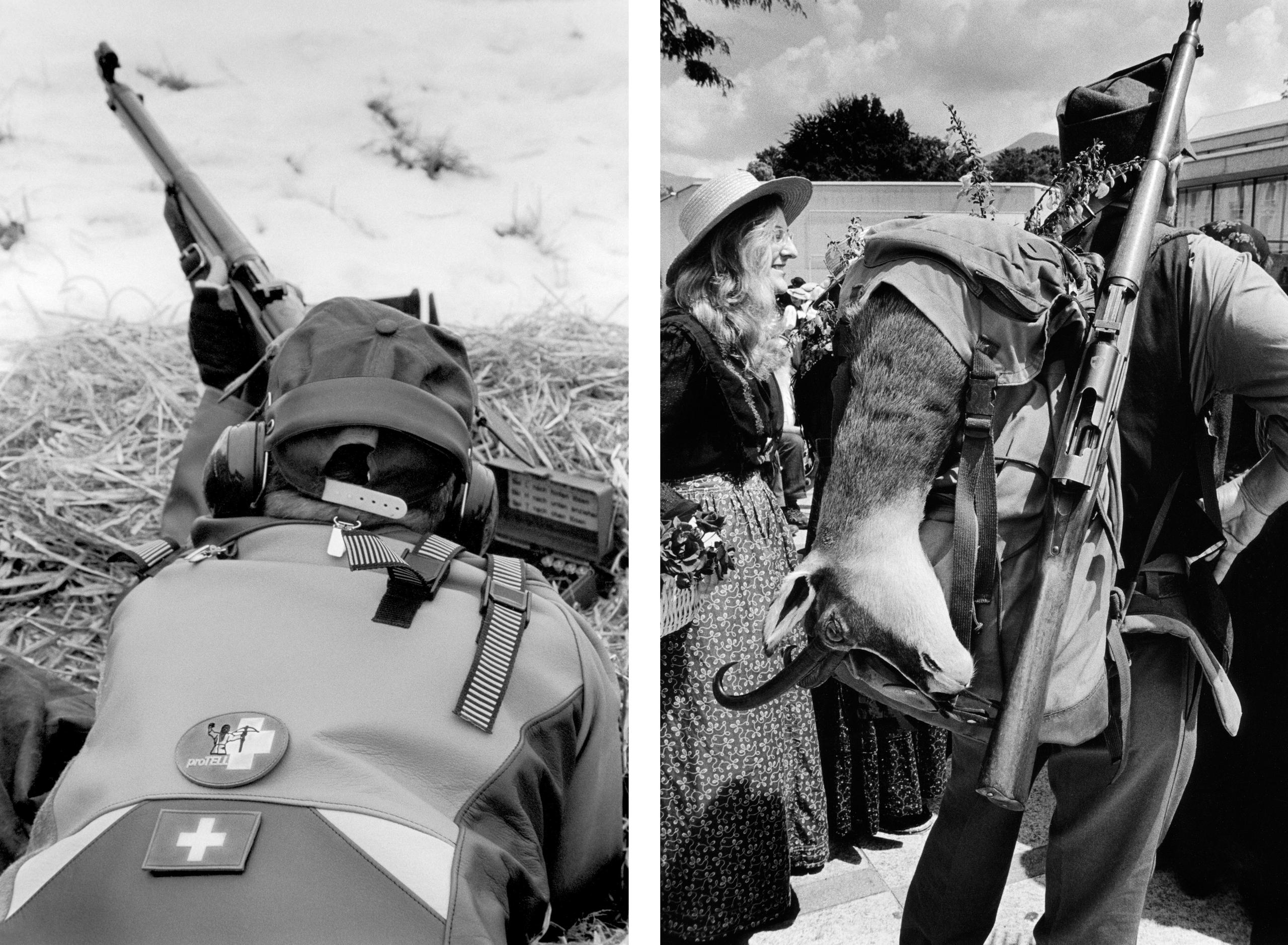Zwei Fotos: Schütze liegend mit Karabiner; Jäger mit Gewehr, Rucksack und ausgestopfter Gämse