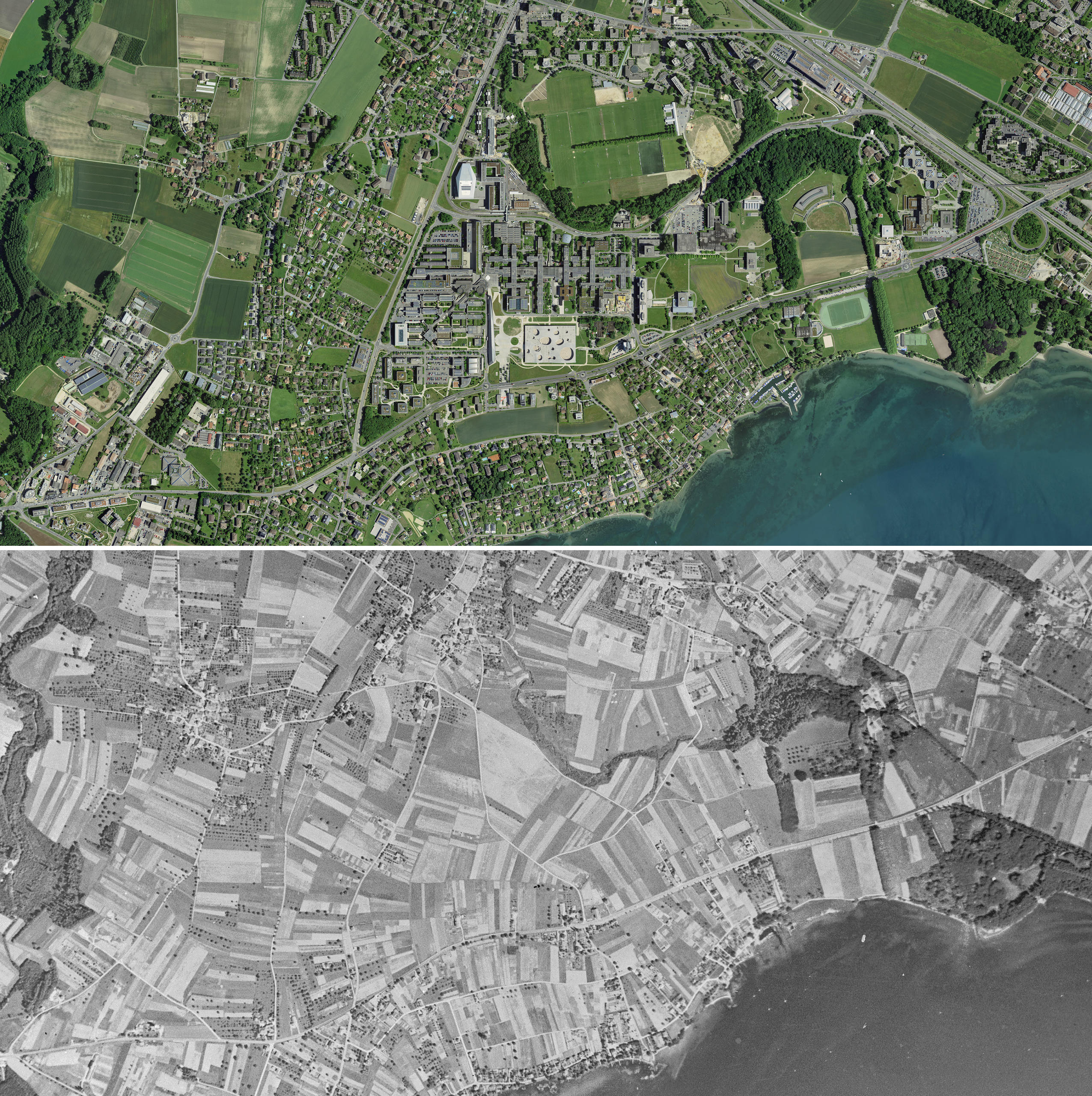 Aerial view of Ecublens above in 2017 and below in 1946