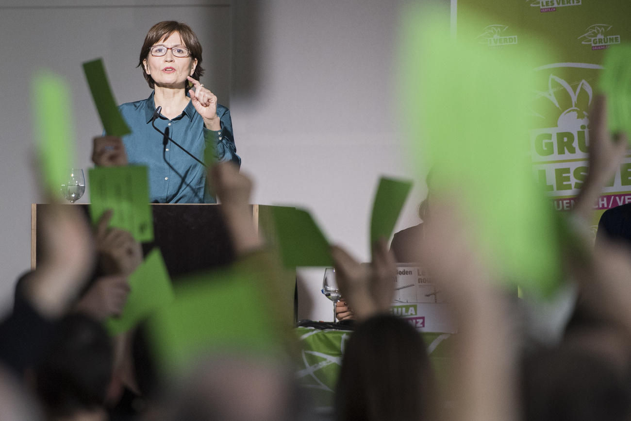 Woman at a lectern and show of hands with green cards