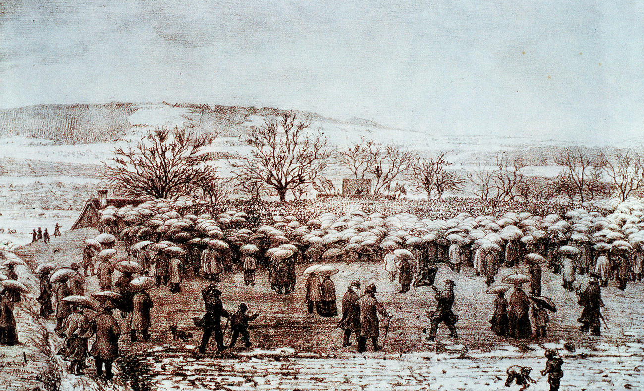 old print from 1867 of people gathering