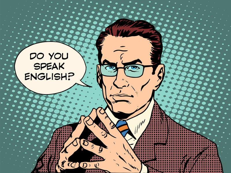 رسم كاريكاتوري لرجل يقول هل تتحدث الإنجليزية؟