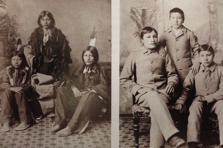 （左）ペンシルベニア州カーライル・インディアン工業学校入学時のスー族の少年（1883年）。（右）3年後の同じ少年