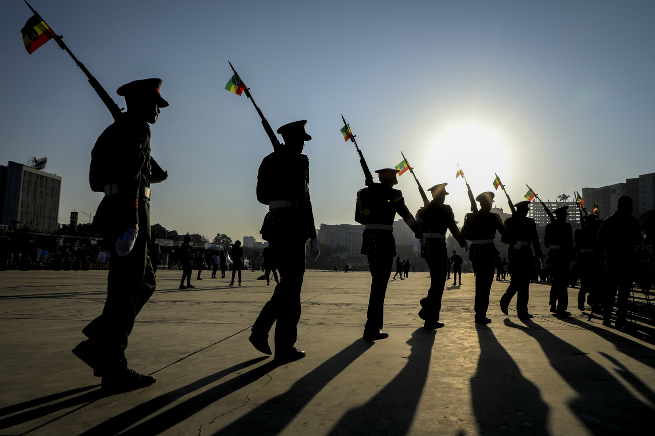 Ethiopian military parade with national flag in a public square