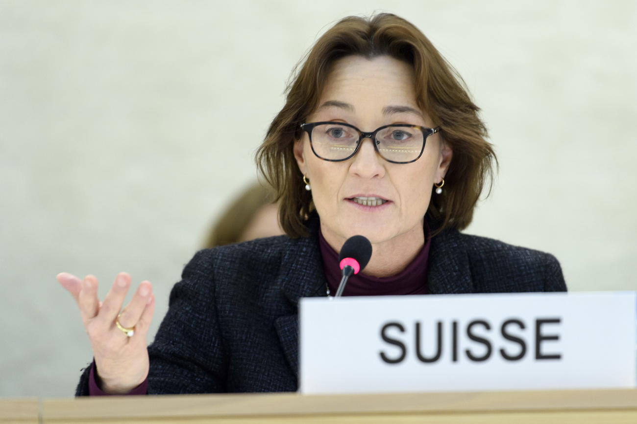 2017年11月9日，在日內瓦聯合國歐洲總部，瑞士聯邦外交部國務秘書Pascale Baeriswyl在人權理事會發言。