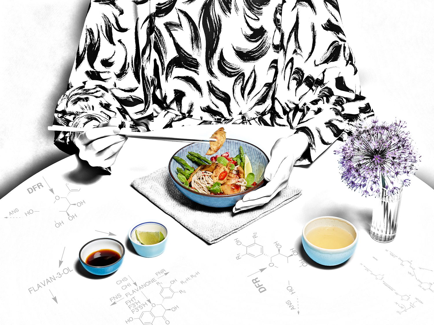 Illustration d une femme mangeant un repas chinois végétal