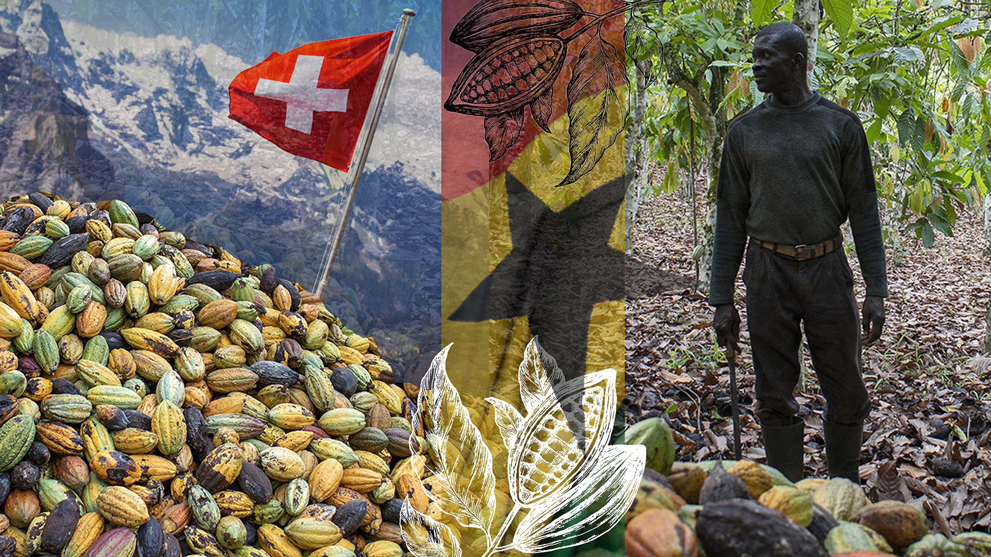 Image de montage du drapeau suisse et des montagnes, fèves de cacao, drapeau du Ghana, cultivateur de cacao.