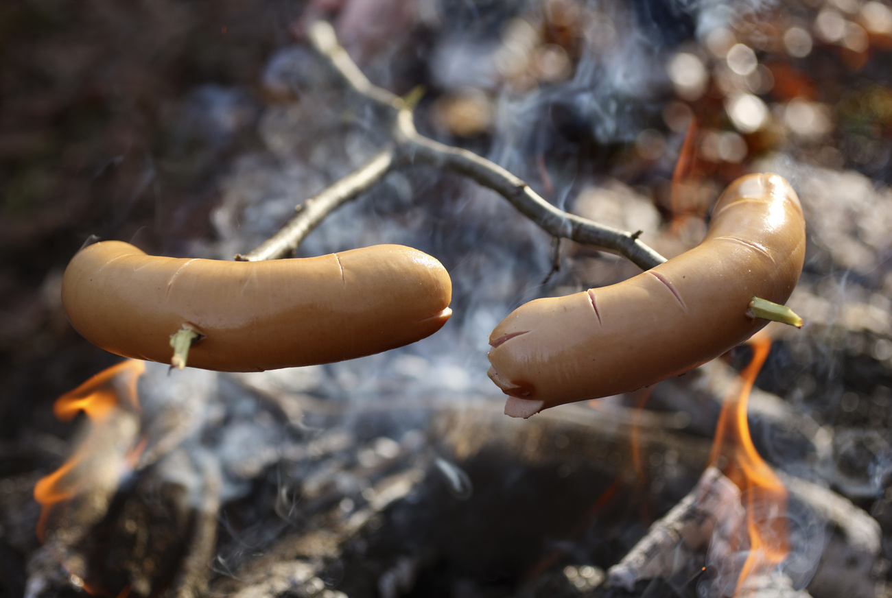 Two sausages on a barbecue