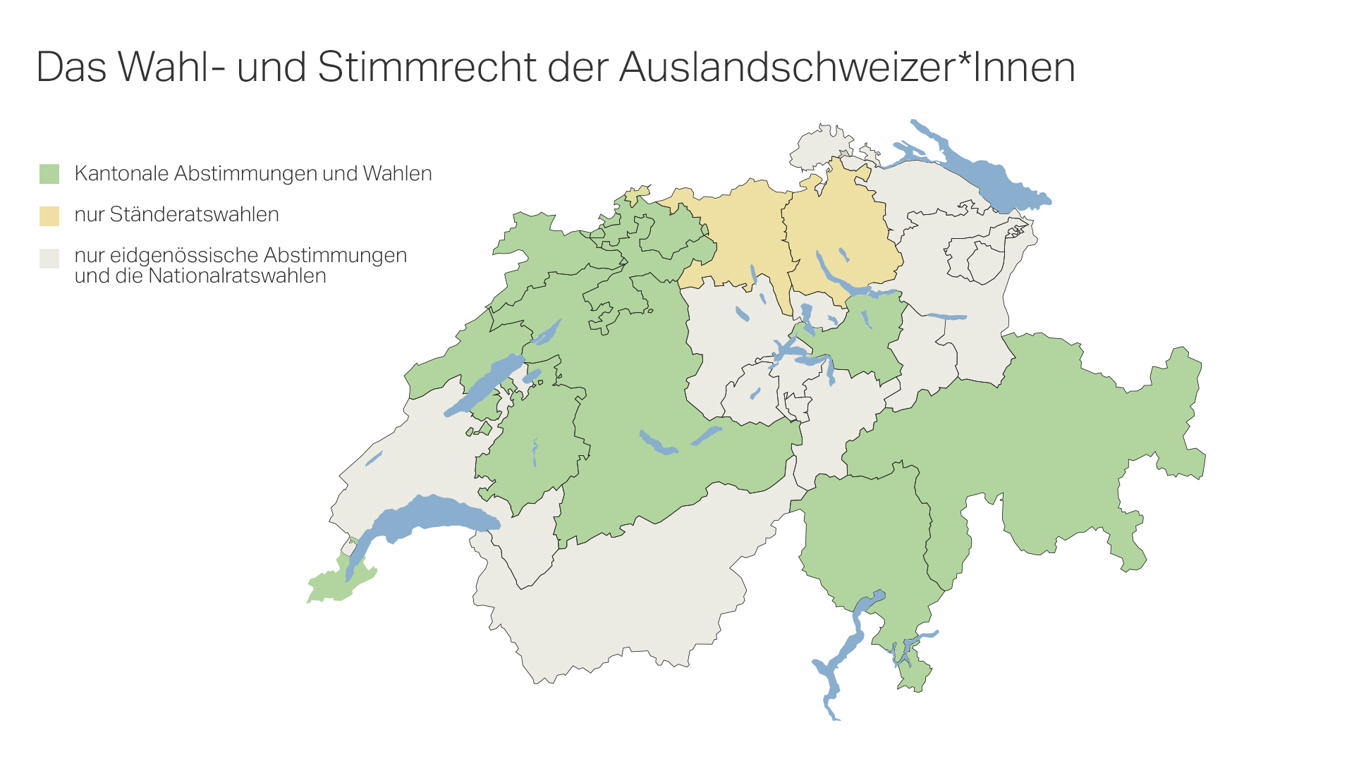 Schweizer Karte mit Teilnahmemöglichkeiten bei Wahlen der Auslandschweizer:innen