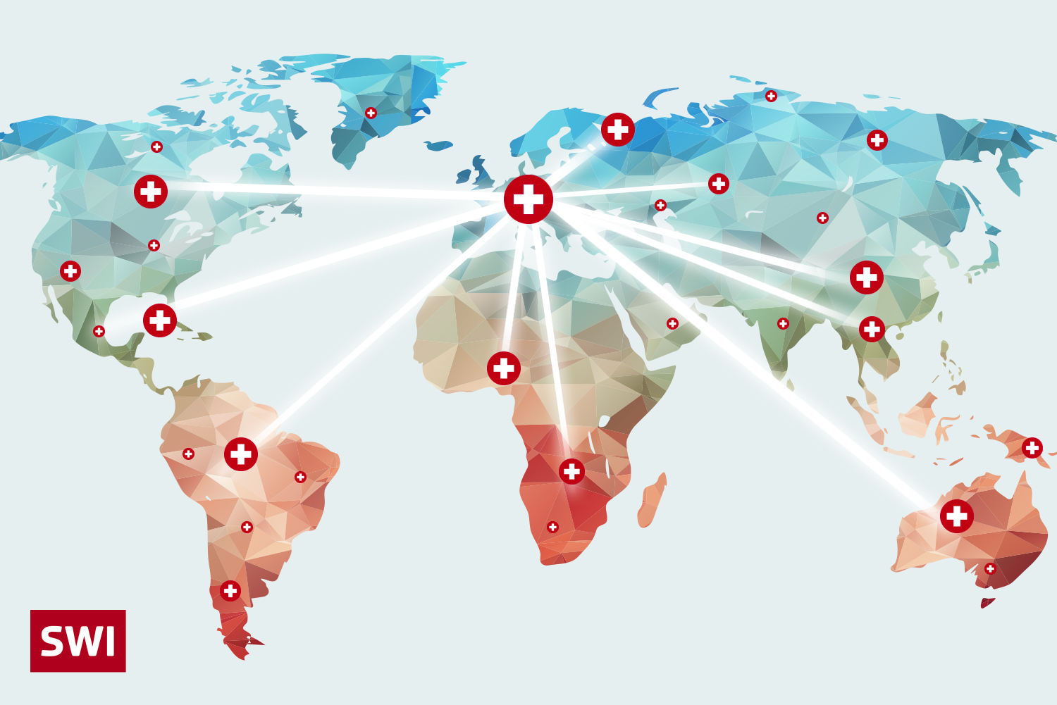 Weltkarte mit der Schweiz im Zentrum und mit vielen weissen Strahlen viele klein Schweizen auf der ganzen Welt verteilt