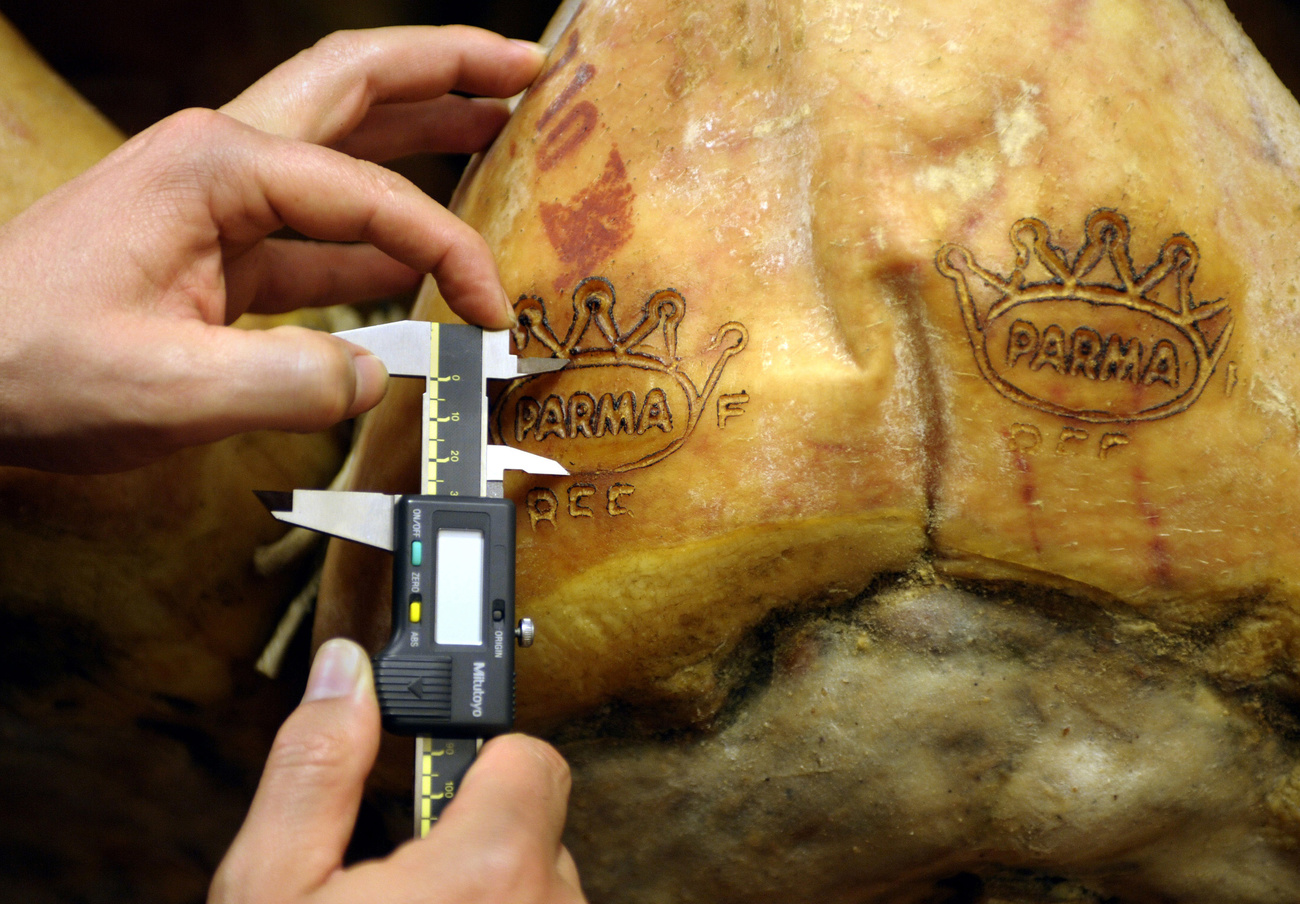 misurazione con un calibro del logo del prosciutto di parma