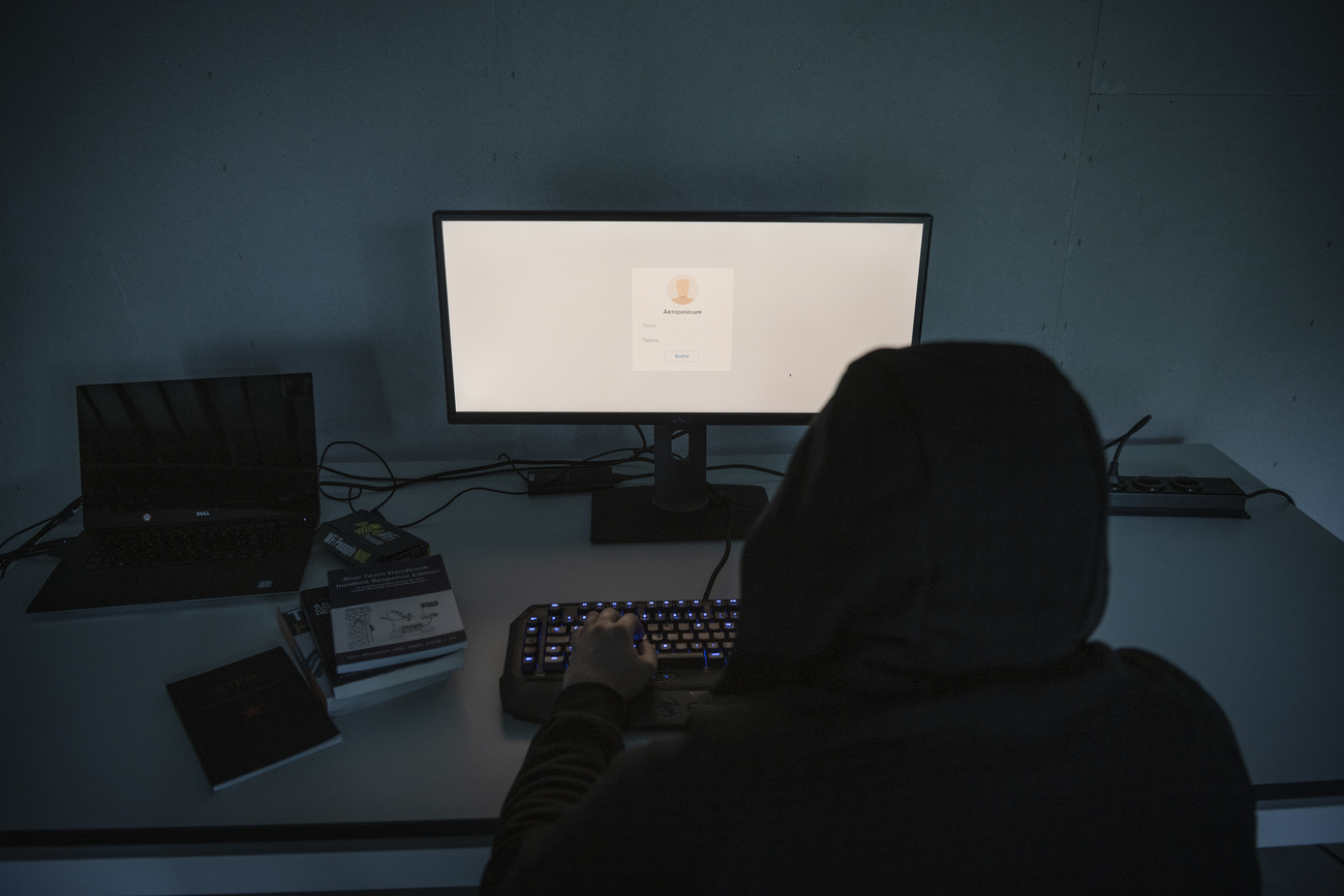 Symbolic picture of a hooded person sitting in front of a computer screen