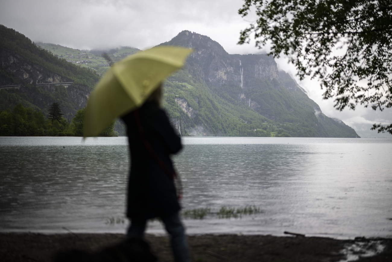 person with umbrella in front of lake