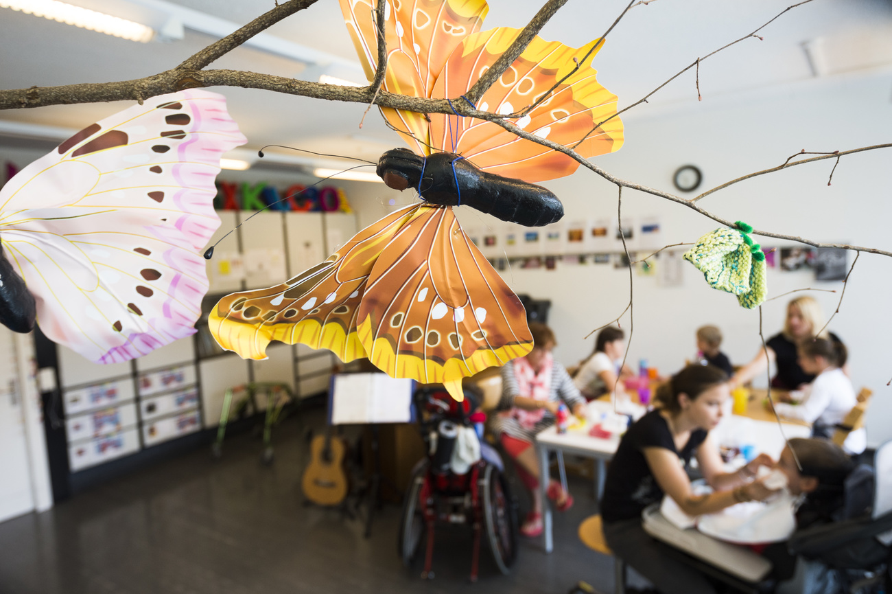 a yellow butterfly as a decoration in a school class.