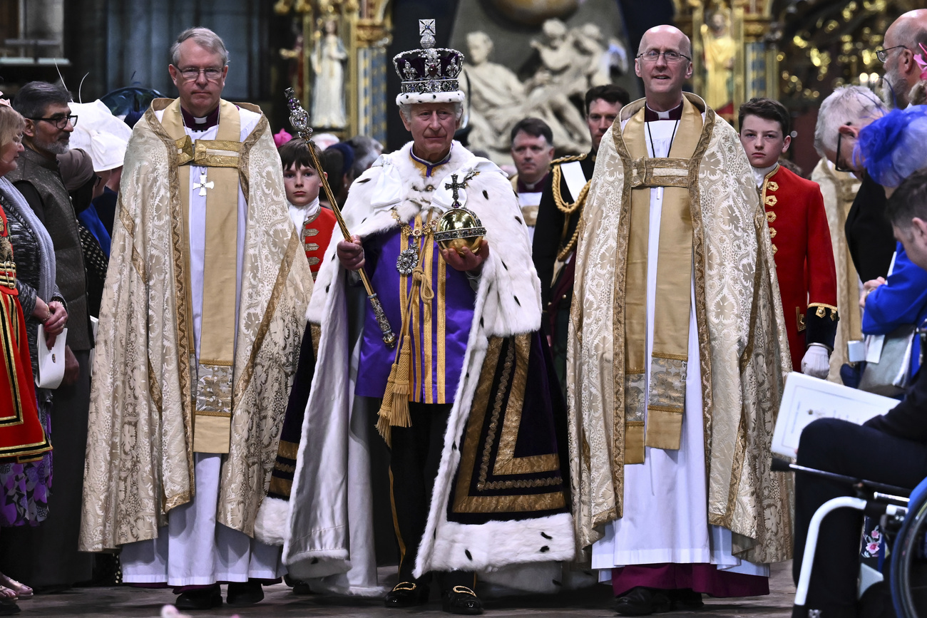 King Charles III at his coronation ceremony at Westminster Abbey.