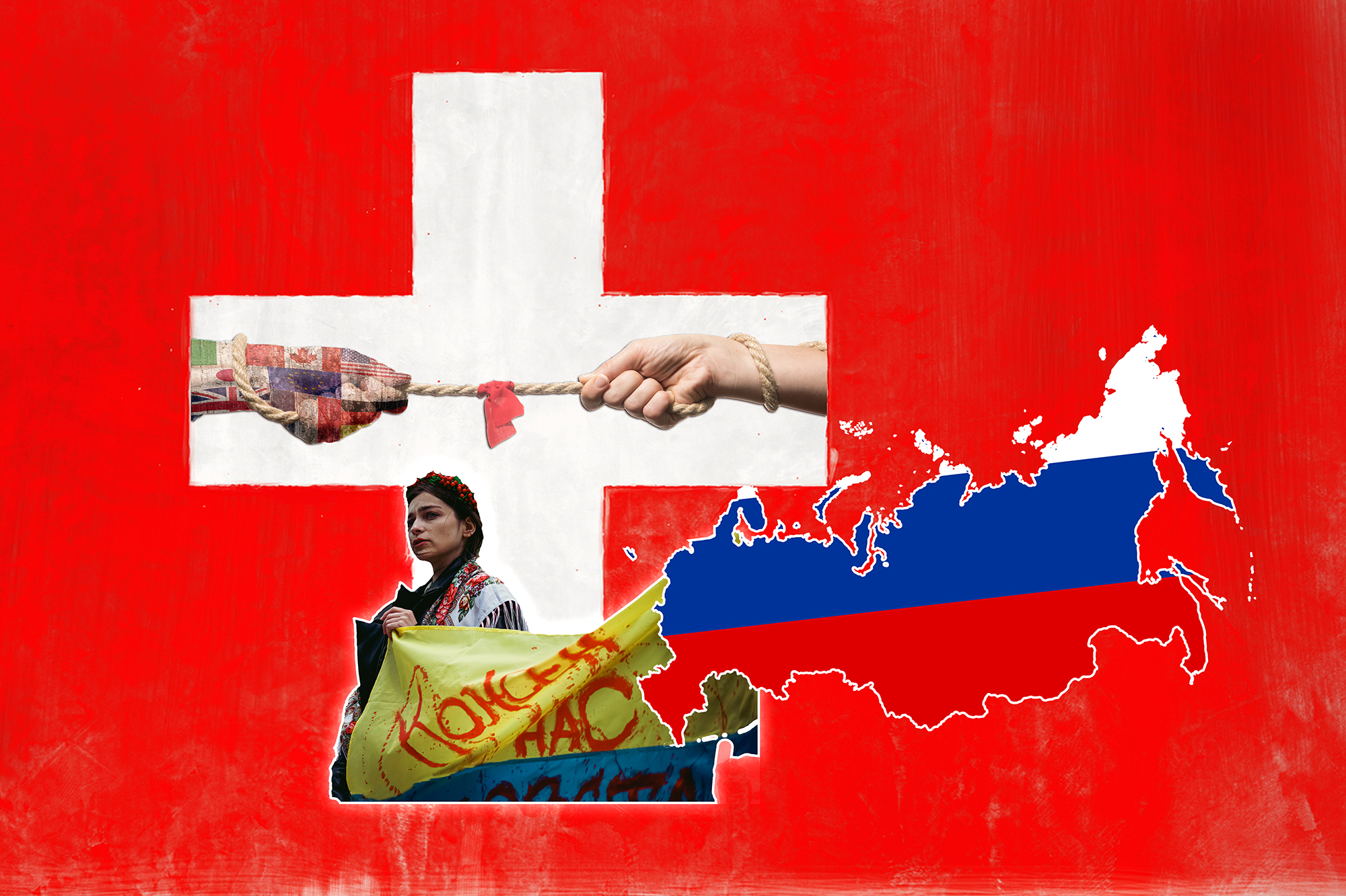 Bild des Schweizer Kreuzes. Eine Hand gemalt mit G7-Flaggen im Tauziehen. Eine Karte der ukrainischen Demonstranten von Russland