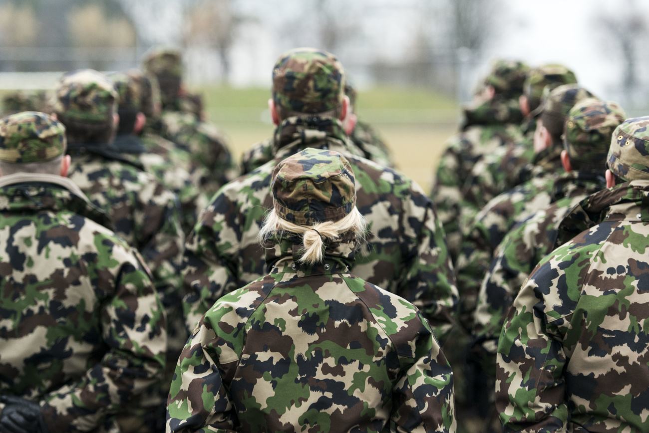 Swiss military personnel in camoflague uniform in formation