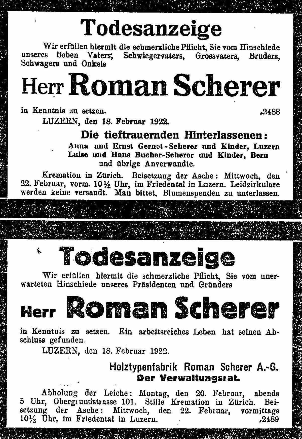 Death notice in the newspaper Der Bund dated 21 February 1922.