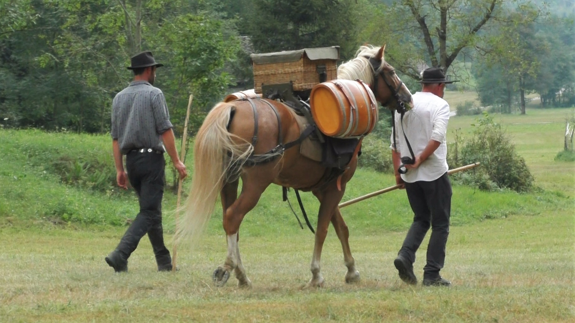 due uomini a piedi a fianco di un cavallo carico di merci