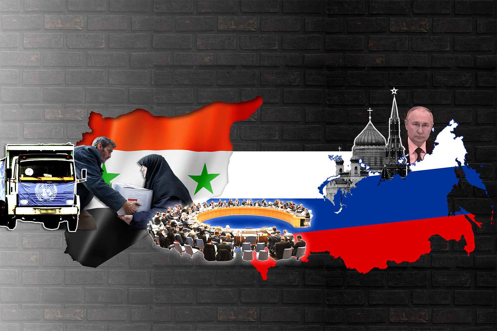 dibujo con Putin y las banderas de Rusia y Siria