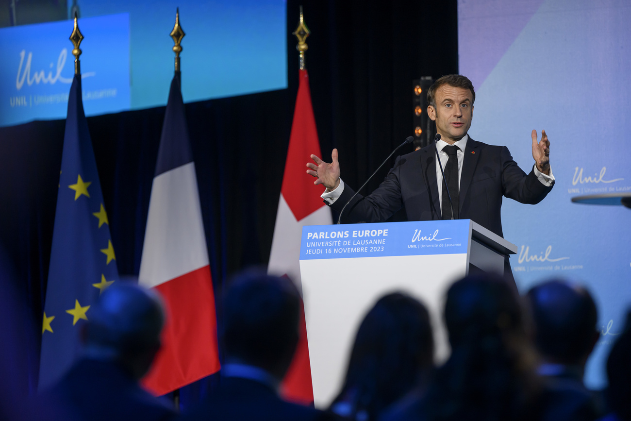 Macron gives speech at the University of Lausanne.