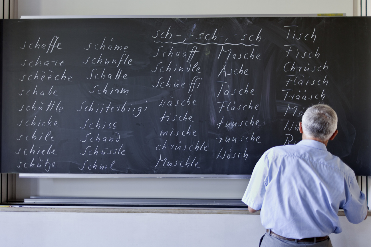 ein Mann steht vor einer tafel mit schweizerdeutschen wörtern