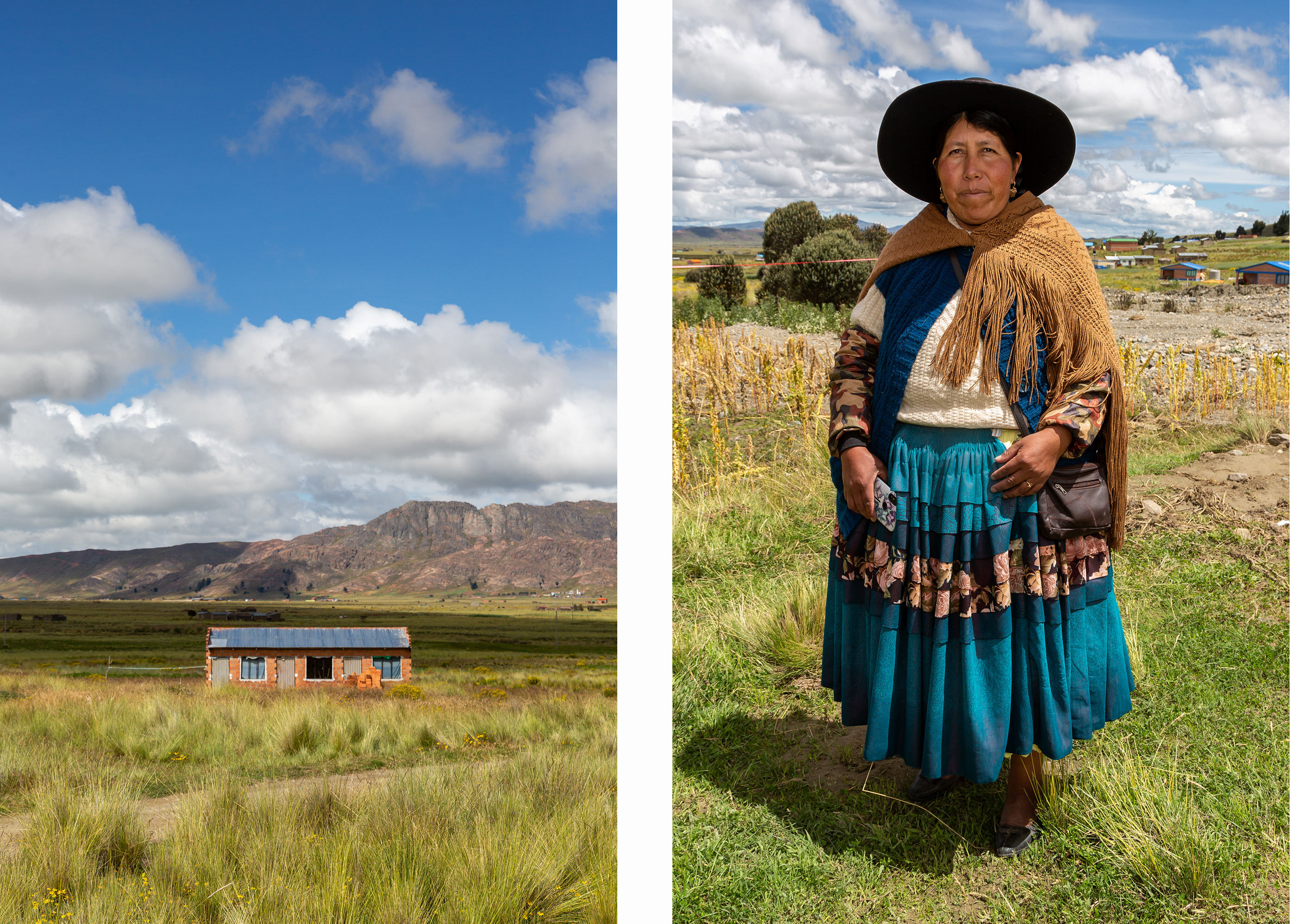 Duas imagens: a da esquerda mostra um campo e uma casa. A da direita uma camponesa boliviana