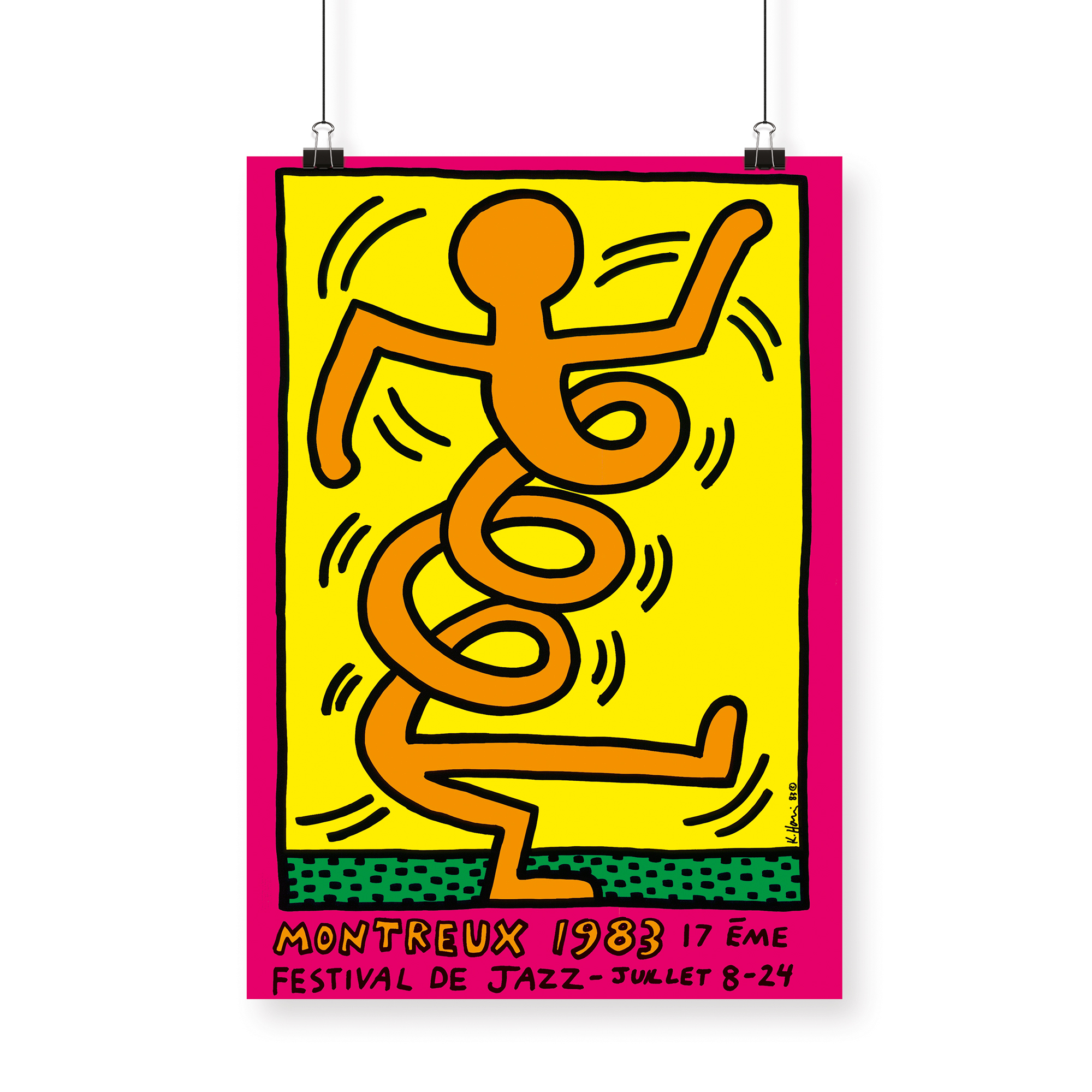 Il manifesto del Montreux Jazz Festival di Keith Haring del 1983. Mostra il disegno di un uomo stilizzato che si attorciglia su se stesso