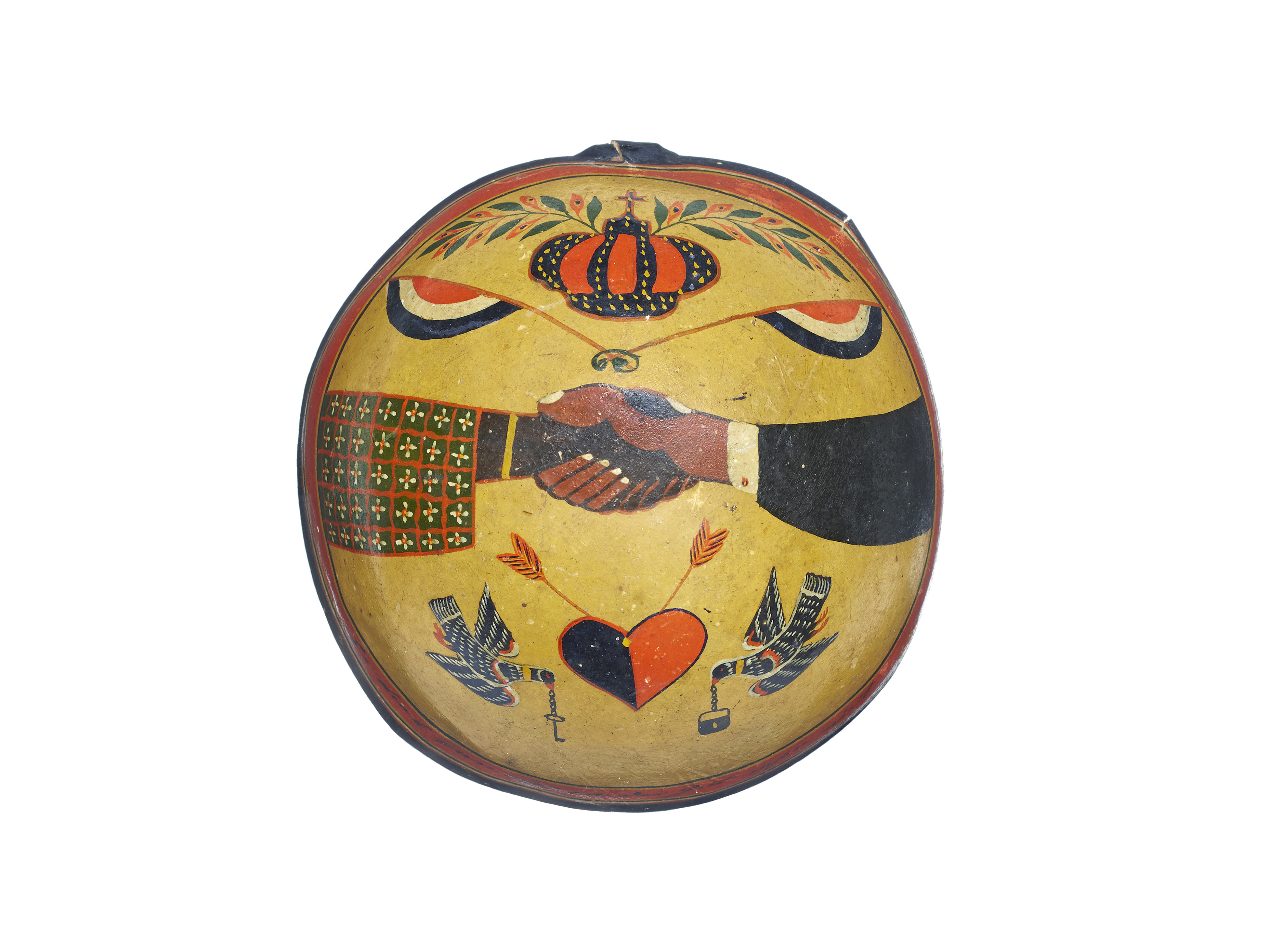 Decorative calabash (Suriname, late 19th century), one of the objects showcased in the Geneva exhibition. Donated in 1905 by Pauline and Marie Micheli, widows respectively of Jean-Louis and his son Marc Micheli, both of whom were close to Geneva's Protestant elite and the Moravian missions; context of creation undocumented.