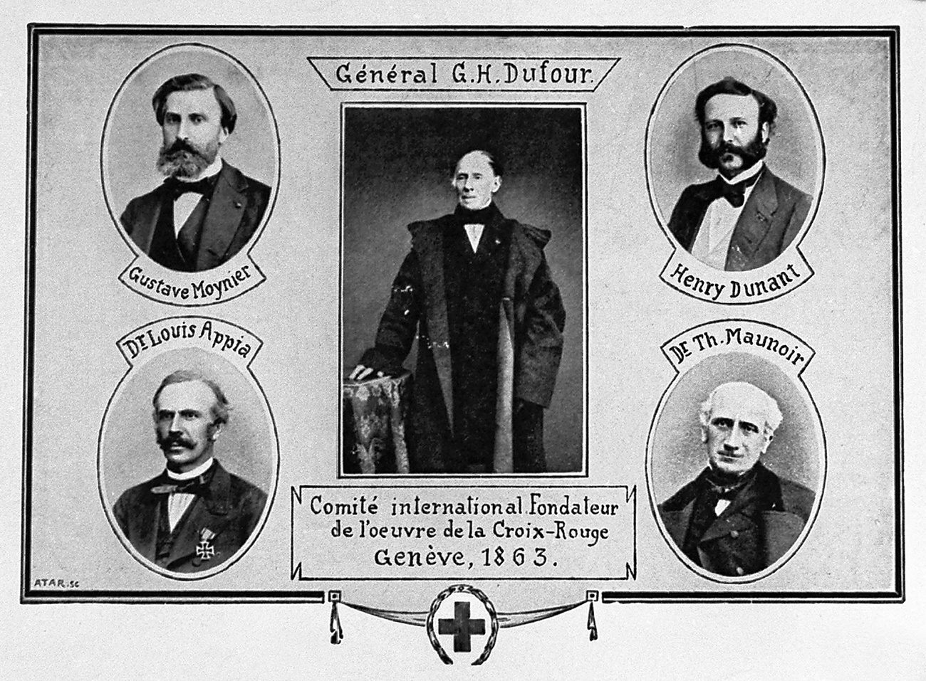 Contemporary illustration of the founders of the International Committee of the Red Cross of 1863 with Gustave Moynier (top left), Henry Dunant (top right), Louis Appia (below left) Th. Maunoir (below right) and General Guillaume Henri Dufour (middle).