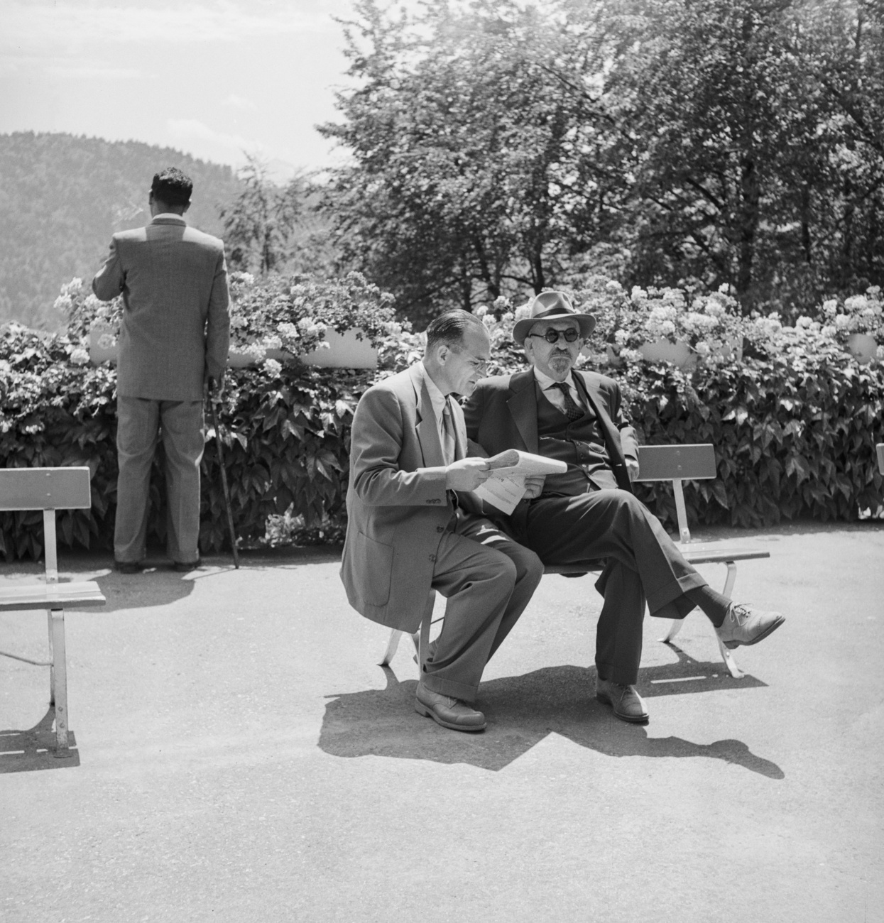 1950年7月，以色列总统哈姆·魏茨曼(Chaim Weizmann) (戴着帽子和太阳镜)在卢塞恩湖上方的布尔根施托克山上休息。