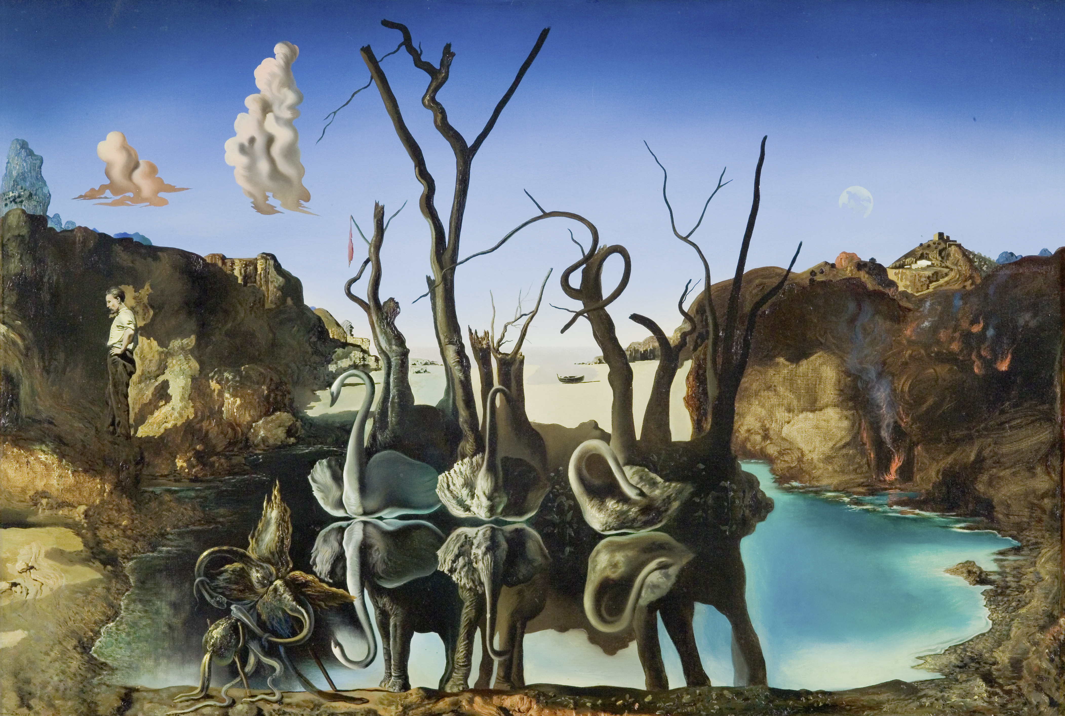 لوحة "البجعات انعكاس الفيلة" (Cygnes reflétant des éléphants) لسلفادور دالي، 1937، متحف الفنون الجميلة بلوزان (MCBA).