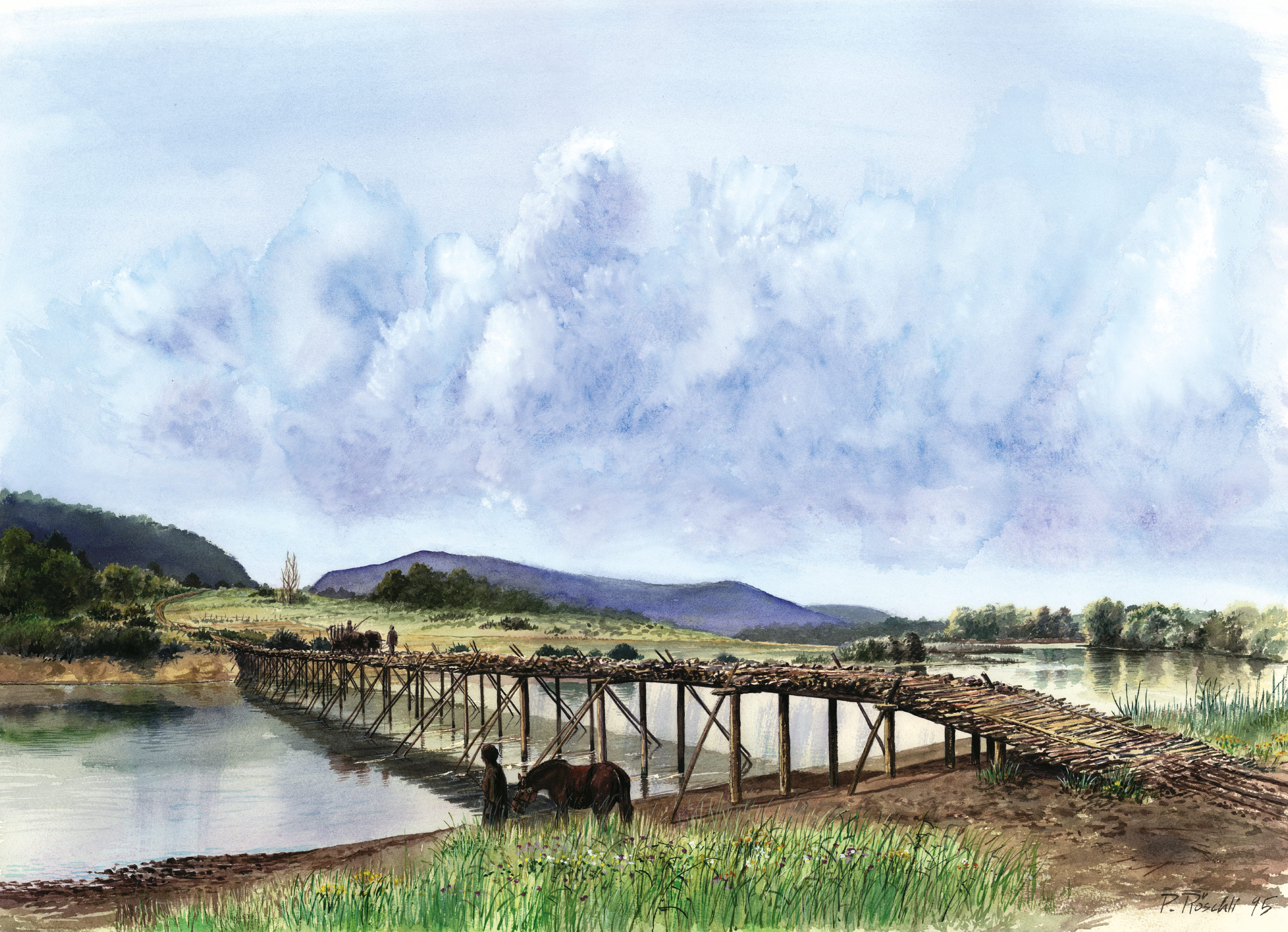 Artistic reconstruction of the Cornaux/Les Sauges bridge by P. Roeschli. A wooden bridge built on posts in the water.
