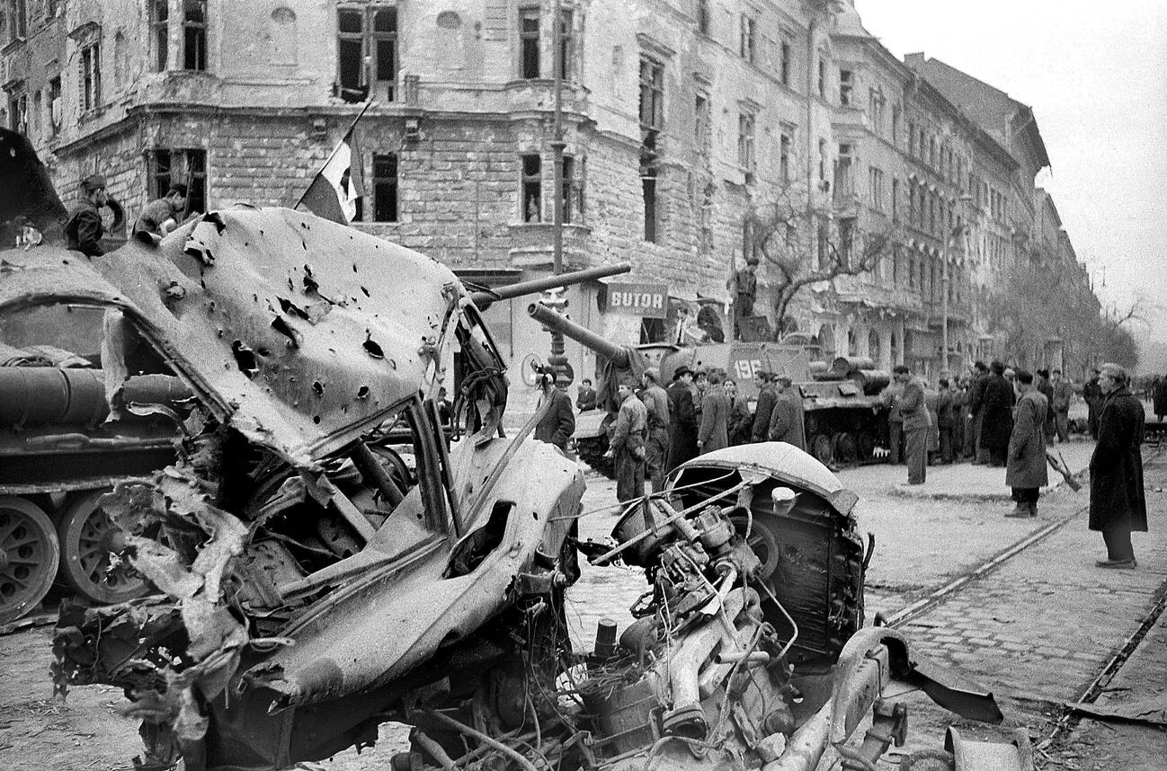 Devastation after street fighting in central Budapest, Hungary, during the nationwide revolution against the Hungarian People's Republic and its Soviet-imposed policies, lasting from 23 October until 10 November 1956.