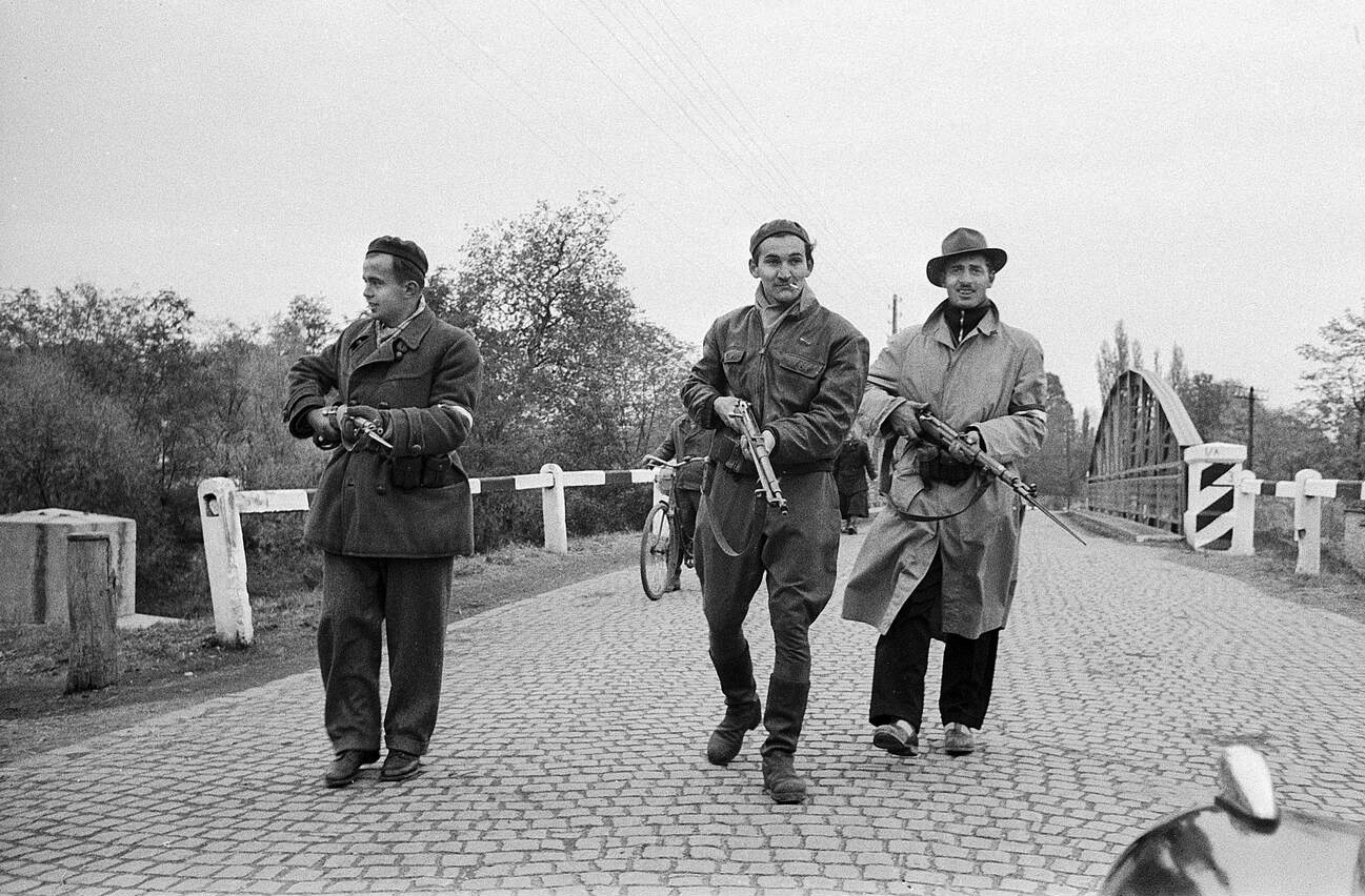 Armed Hungarian insurgents in Budapest, Hungary, during the nationwide revolution against the Hungarian People's Republic and its Soviet-imposed policies, which lasted from October 23, to November 10, 1956.