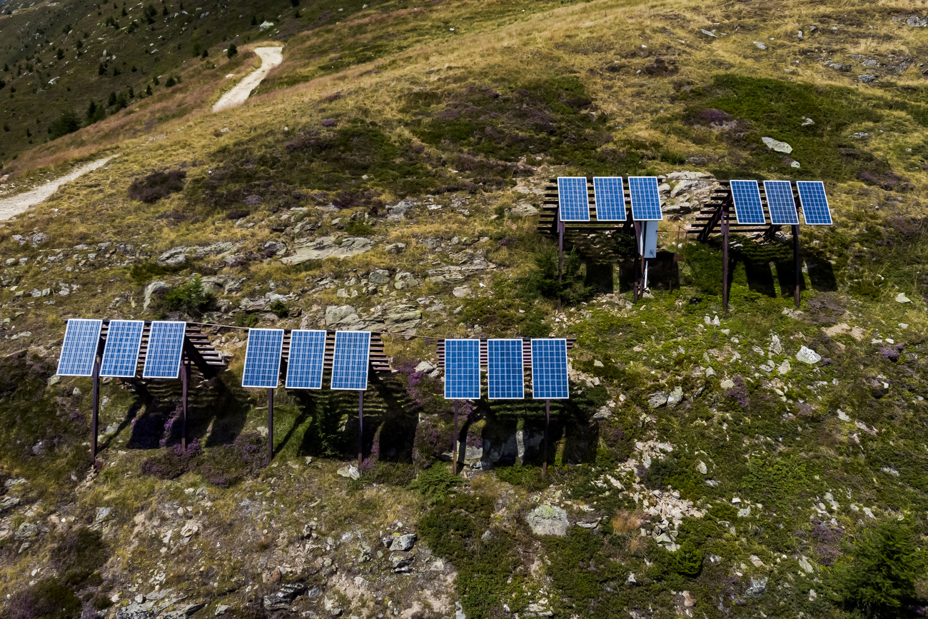 A view of solar panels installed on avalanche barriers in the Valais Alps on Wednesday 3 August 2022 in Bellwald.