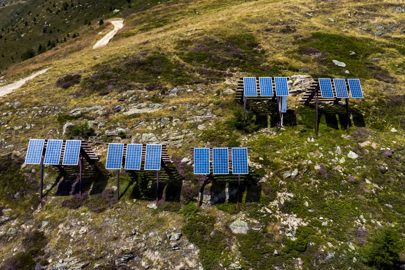 Solar panels installed on avalanche shelters in Bellwald in the Valais Alps.