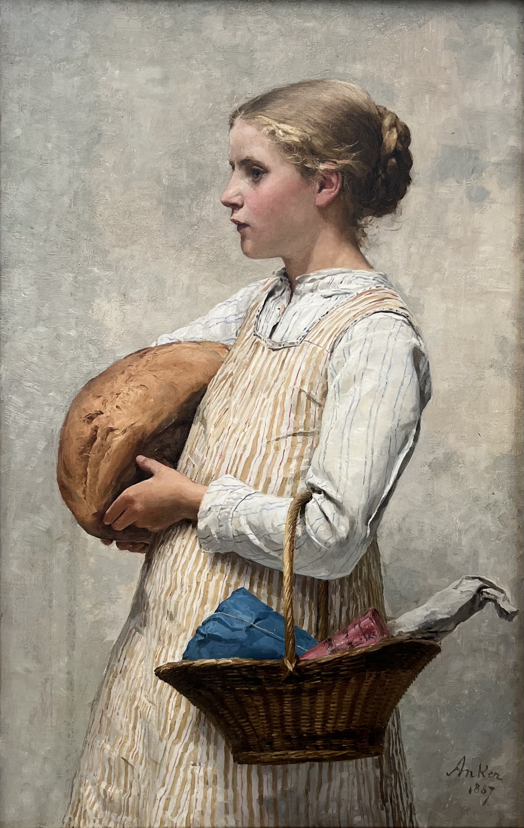 dipinto di una ragazza con un cestino e una pagnotta