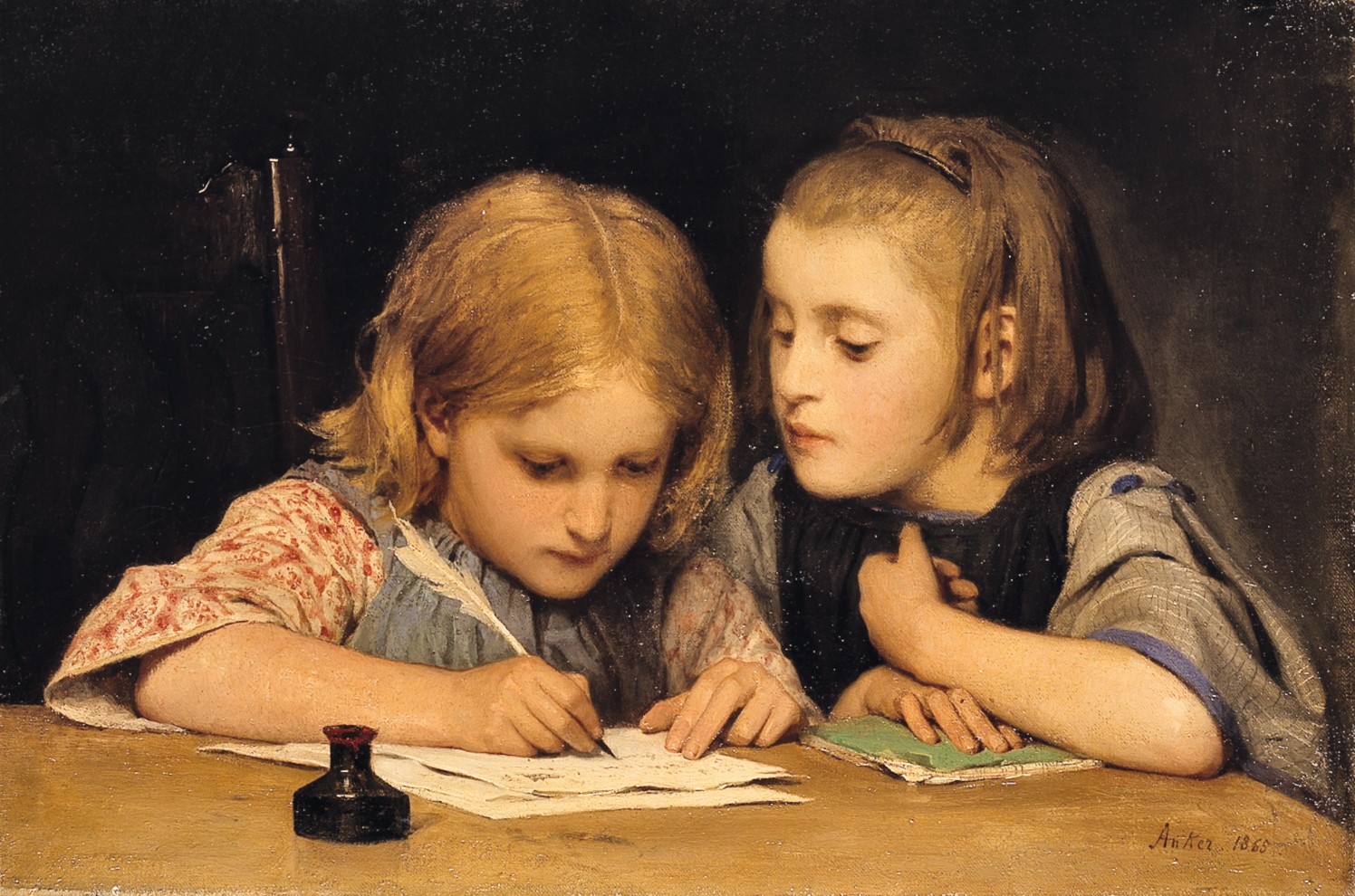 Dipinto di due bambine che scrivono una lettera con una penna d'oca