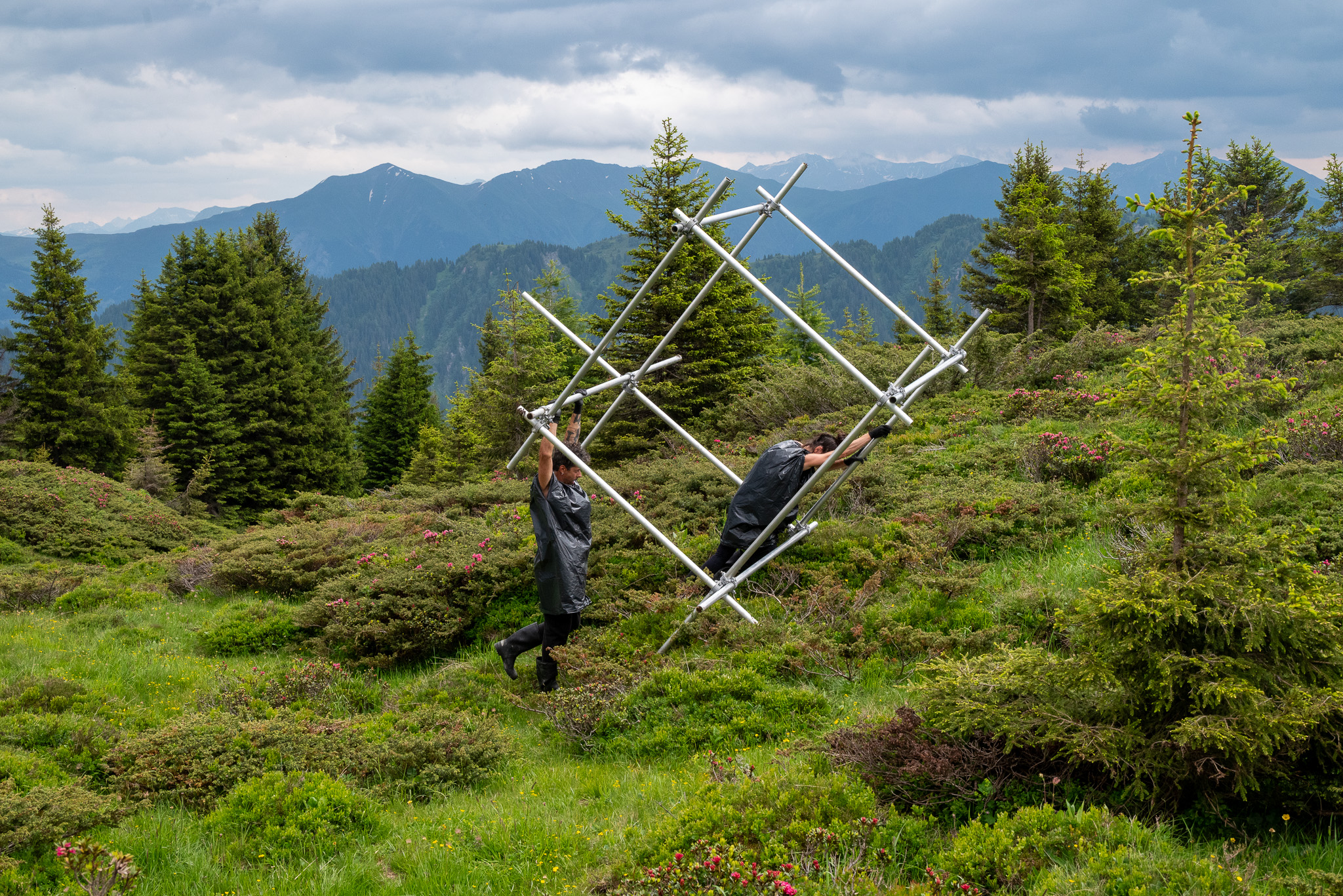 «Moving Landscape» des Künstlerpaars Quarto: Ein Aluminium-Kubus wandert langsam über eine Alpweide