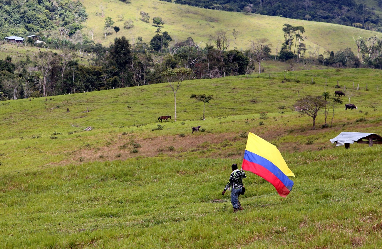 Un hombre sosteniendo una bandera de Colombia camina en las Zonas Veredales Transitorias de Normalización (ZVTN) de Buenavista, en Meta, Colombia.