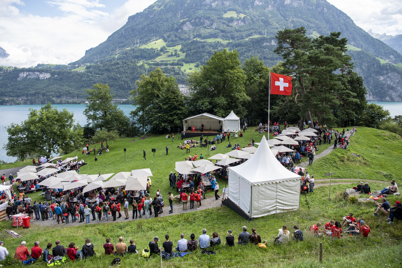 An overview of the Rütliwiese (Rütli field) during the Swiss National Day celebration on the Rütli, which is dedicated to Swiss youth, on Tuesday, August 1, 2023.