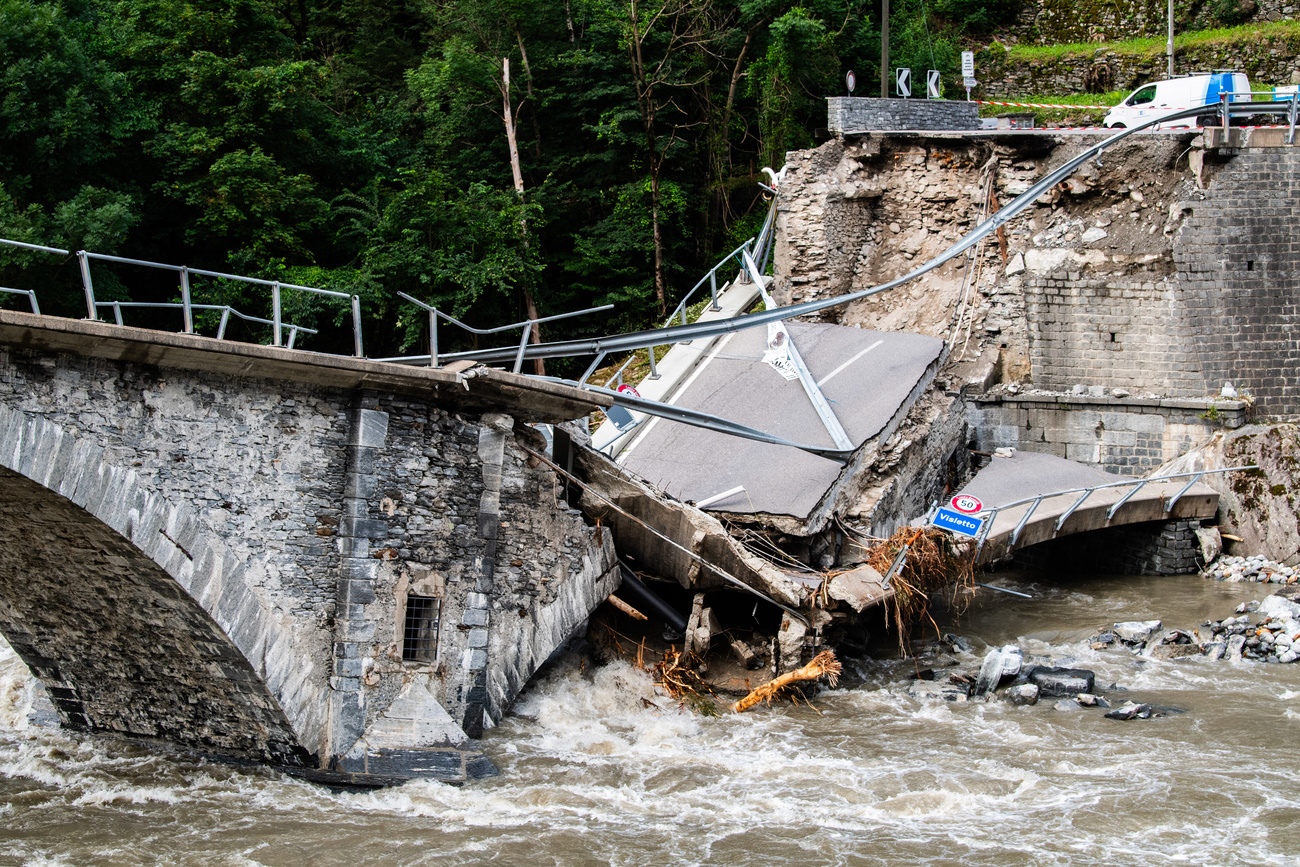 The collapsed Visletto bridge between Visletto and Cevio, in the Maggia Valley, Switzerland